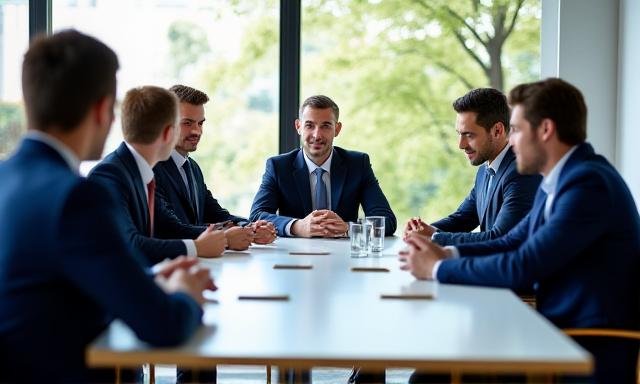 A diverse team of professionals in a high-level corporate planning session
