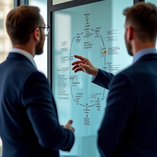 ChronoSynergy consultant explaining a strategy on a whiteboard to a corporate client