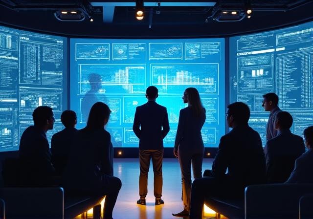 Team of analysts reviewing business metrics on large screens