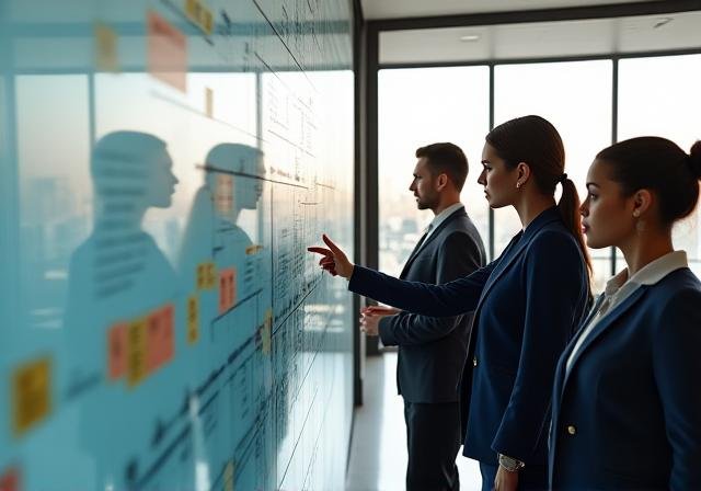 Modern corporate team analyzing workflow on a large glass board