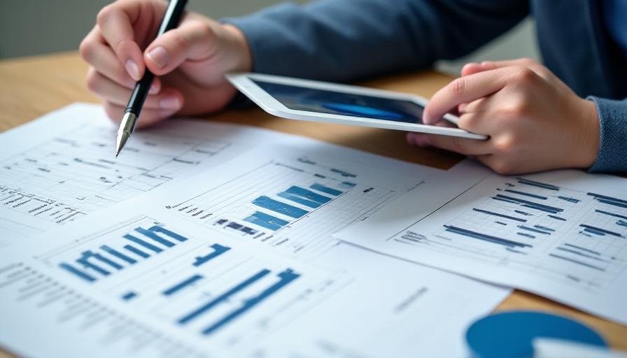 Professional consultant reviewing financial and time-tracking data graphs